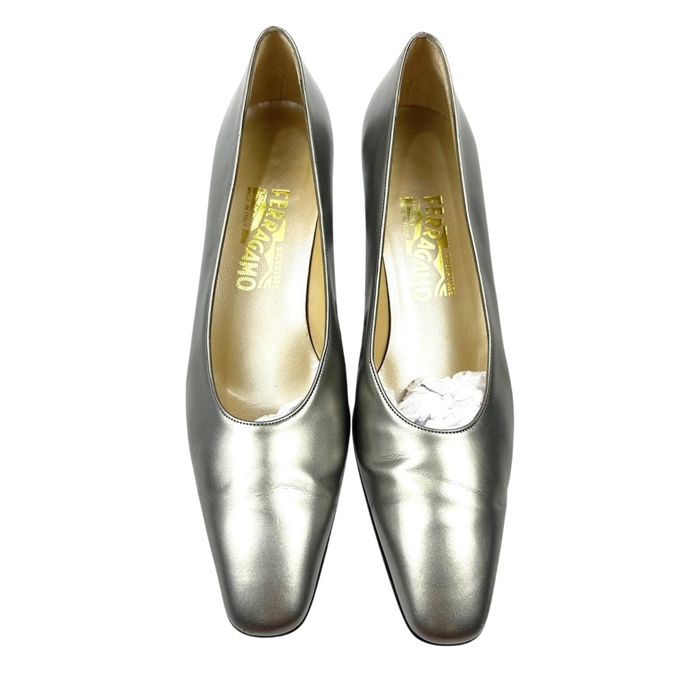 VTG Salvatore Ferragamo Metallic Silver Chrome Heel Pumps Womens 10 3A‎ Silver